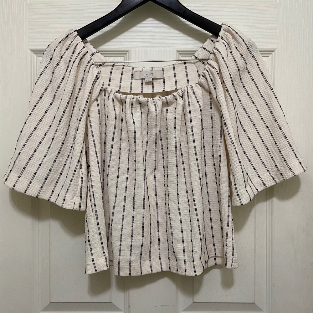 LOFT Flutter Sleeve Flowy Top Striped Dot Square Neck Minimalist Boho Coastal XS